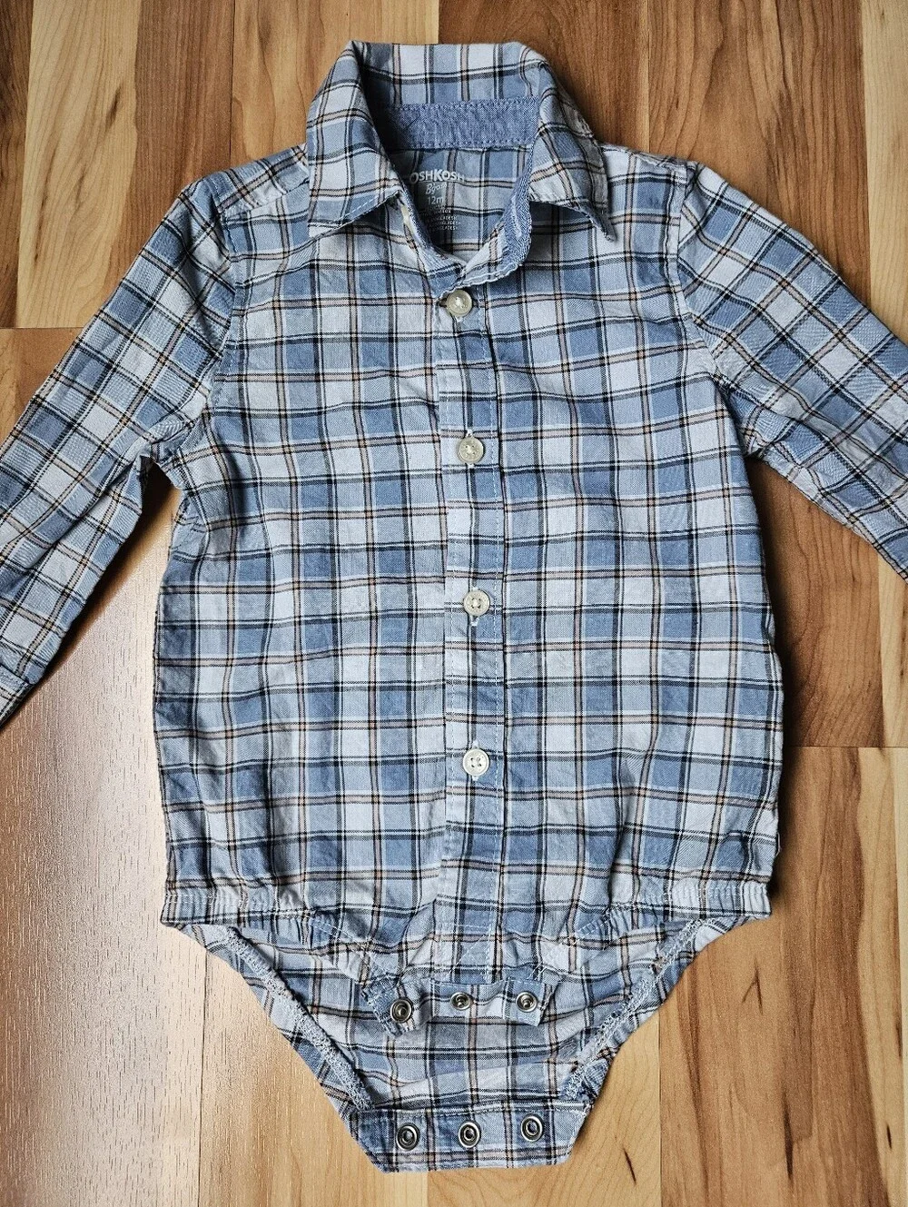 OshKosh B'gosh Black Denim Overalls with Light Blue Plaid Bodysuit Onesie 12 Mo